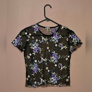 Kimchi Blue Urban Outfitters Embroided Floral Sheer Mesh Short Sleeves